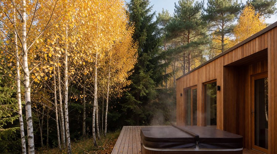 A private hot tub on the deck is one of the best reasons to book a lodge for an autumn break
