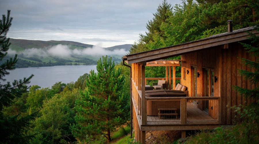 Lake Windermere is the largest lake in England, with lodges tucked into the woods along its shores