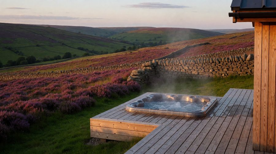 A private tub on the deck is the reward after a day on the heather moors around Haworth