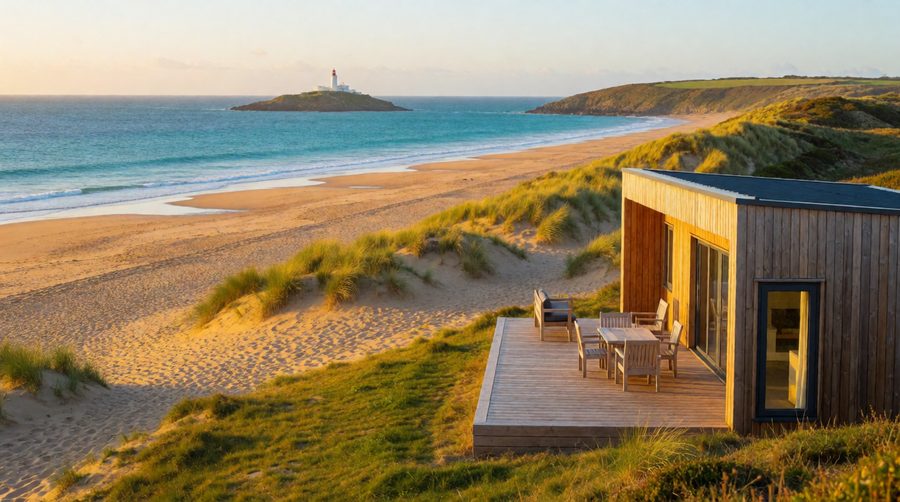 Lodges in the dunes at Hayle look straight across St Ives Bay to Godrevy lighthouse