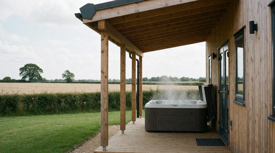 Many Suffolk lodges come with a covered veranda and a private hot tub looking over open farmland