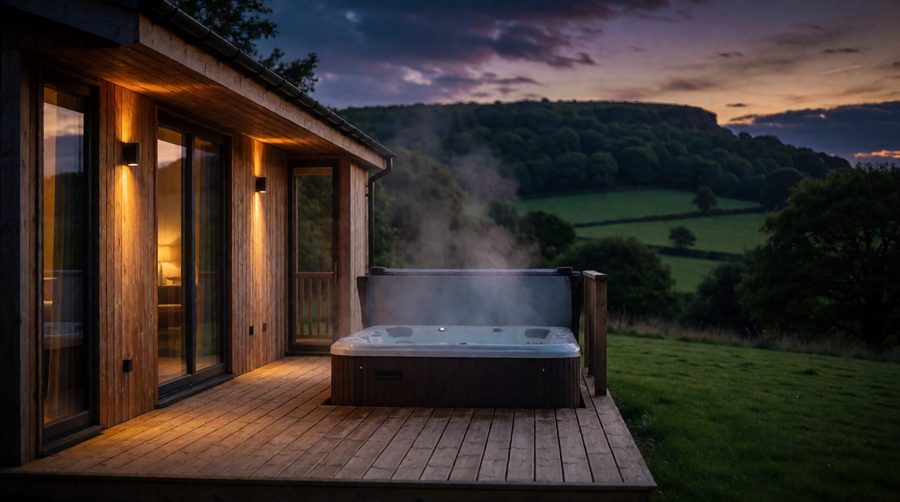 Steam rises off a private hot tub as dusk settles over the wooded hills east of Thirsk