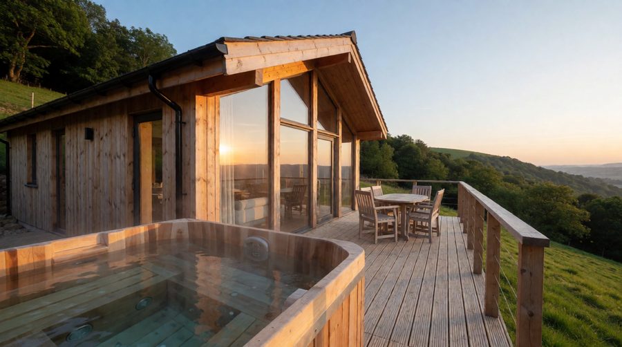 A lodge deck with its own hot tub catches the evening sun over the Worcestershire hills