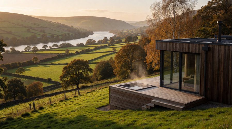 A lodge with a private hot tub above a green river valley is a lovely base for Crickhowell
