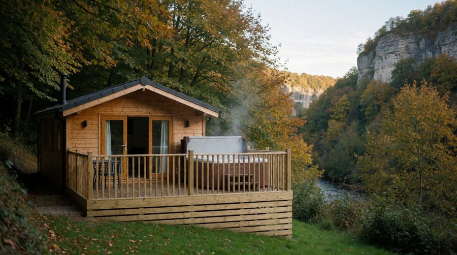 A hot tub on the deck of a woodland lodge above the River Derwent gorge, with the limestone cliffs of Matlock Bath beyond