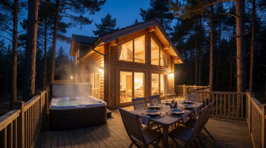 A spacious lodge for eight gives a group room to spread out and a private hot tub to meet up in after dark