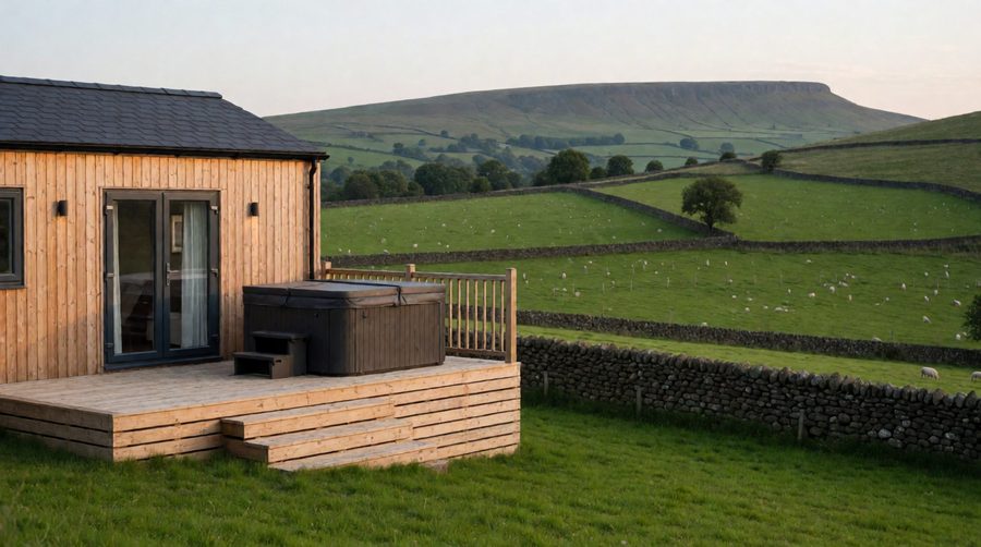 A hot tub on the deck and Pendle Hill on the skyline, a classic Ribble Valley lodge view