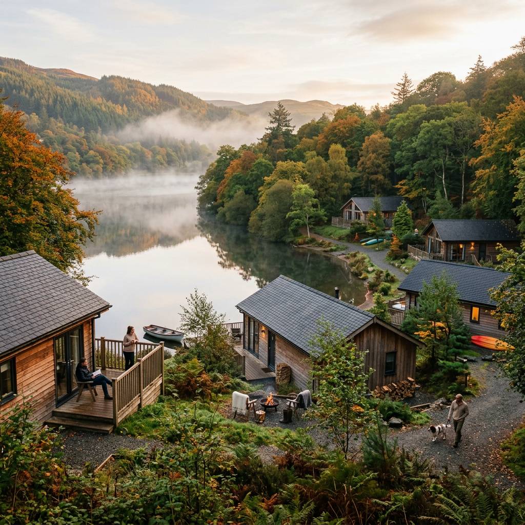 Timber holiday lodges among woodland around a lake in the British countryside