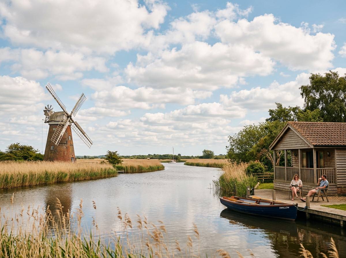 Windmill and reed beds beside a riverside lodge on the Norfolk Broads