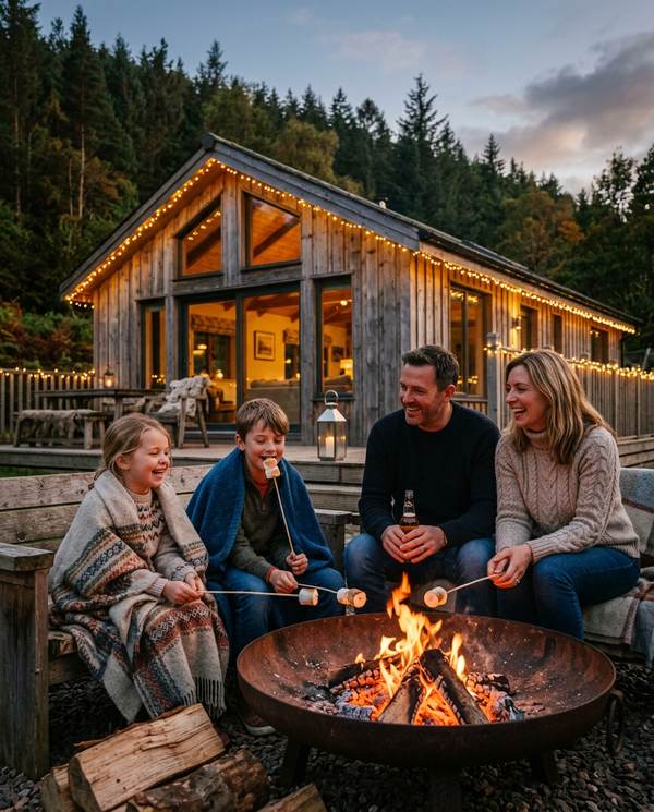 Family toasting marshmallows around a fire pit outside their lodge