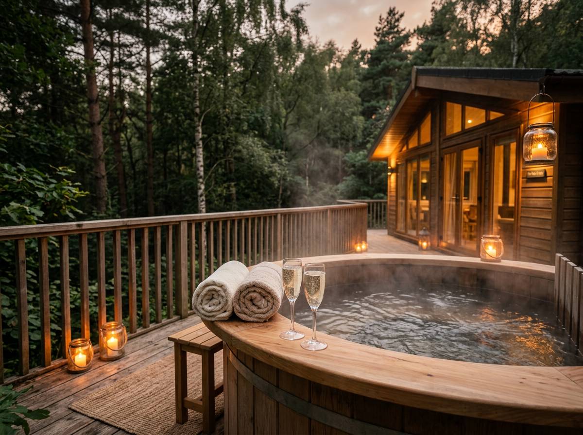 Steaming hot tub on a lodge deck in the forest at dusk