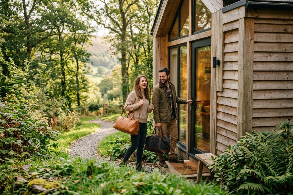 Couple arriving with weekend bags at a modern timber lodge