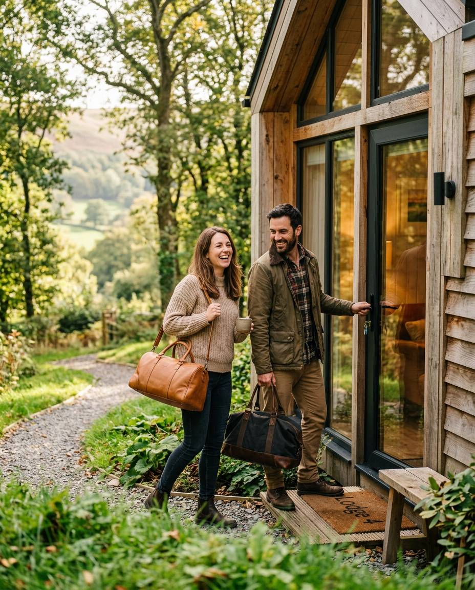 Couple arriving with weekend bags at a modern timber lodge
