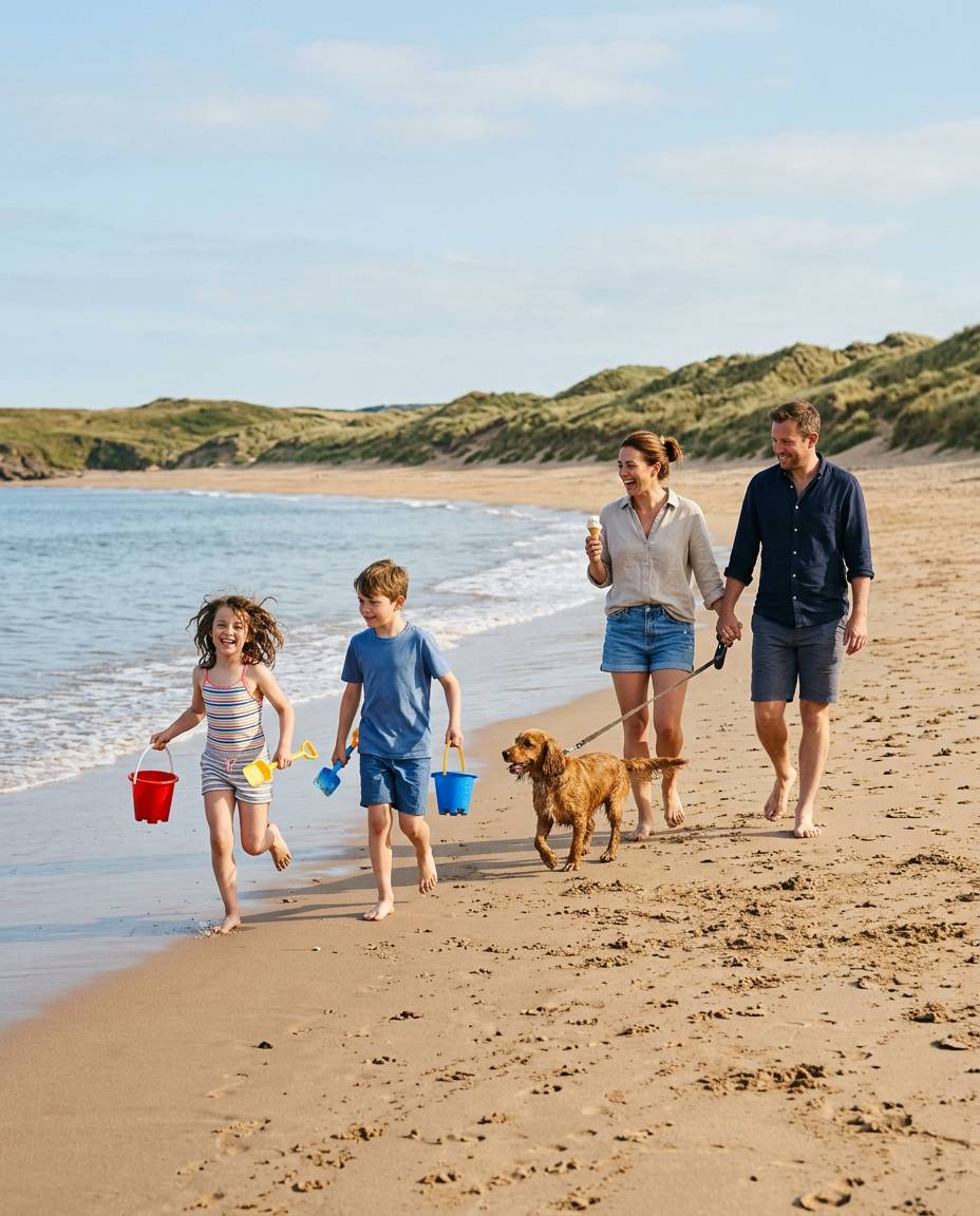 Family and their dog walking along a sandy beach backed by dunes