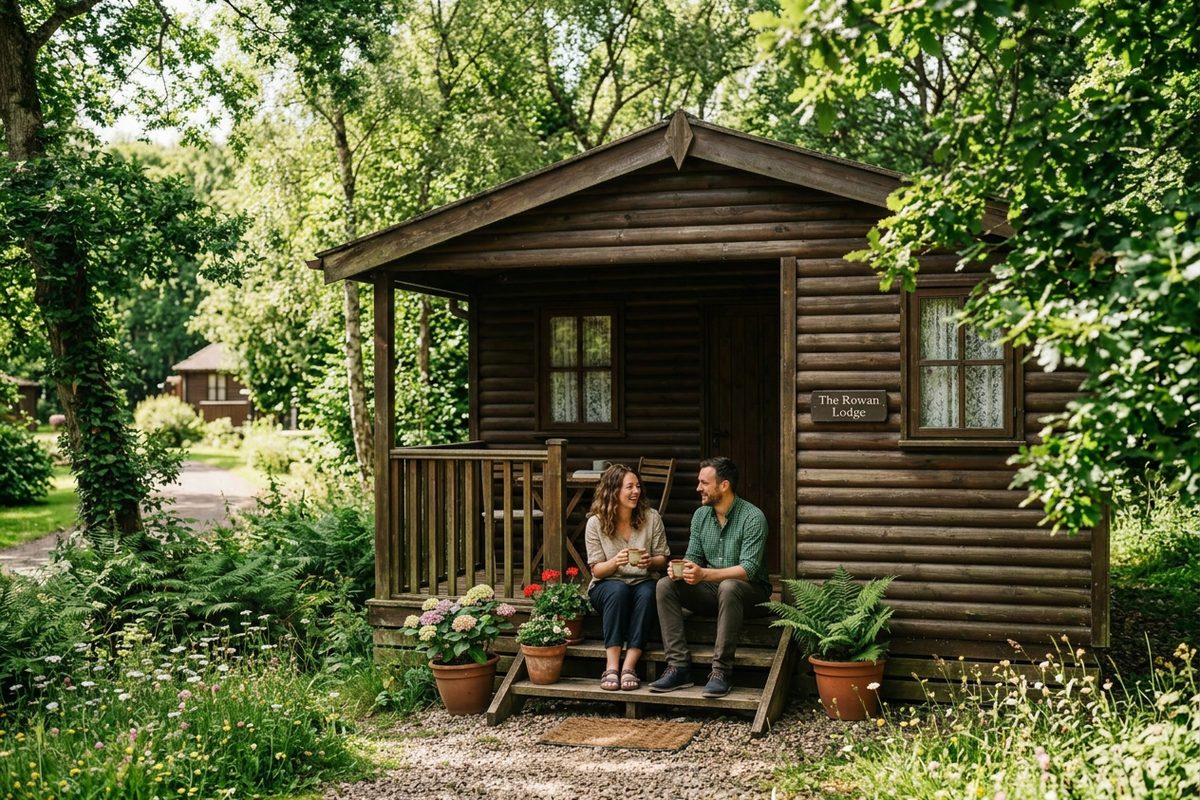 Couple drinking tea on the veranda of a woodland holiday lodge