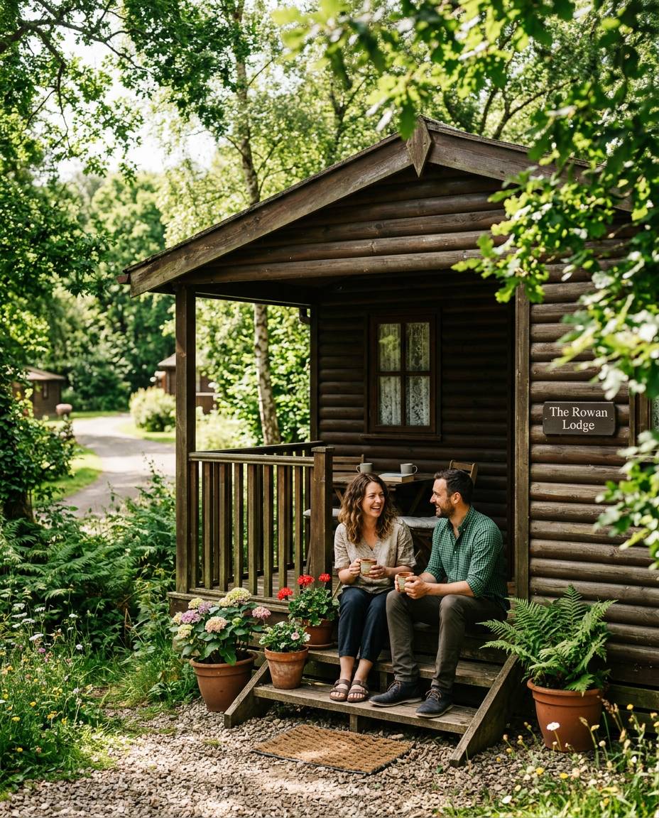 Couple drinking tea on the veranda of a woodland holiday lodge