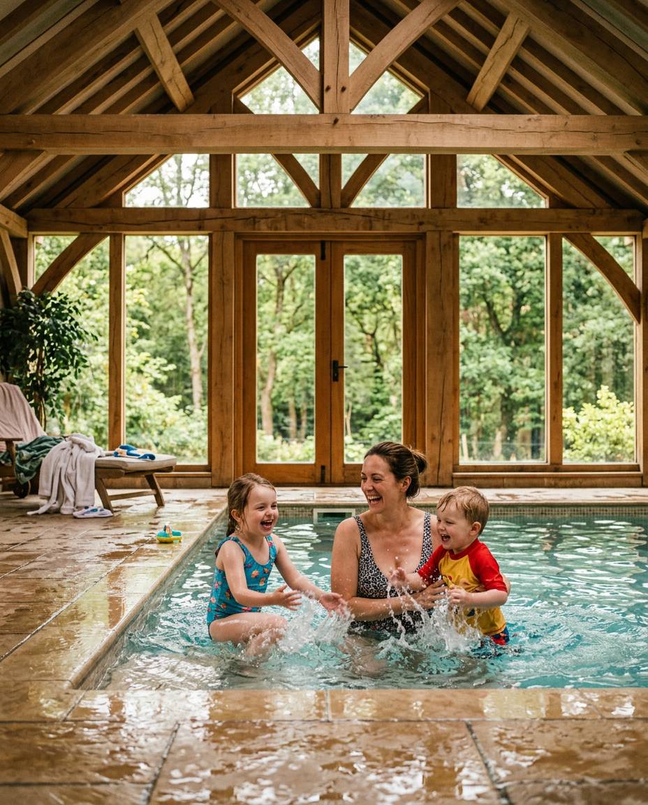 Family splashing in an indoor swimming pool at a UK holiday park
