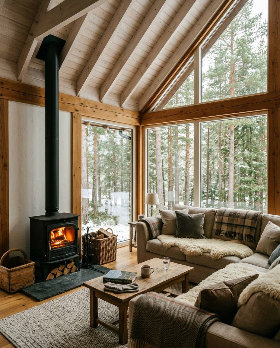 Open-plan lodge living room with a log burner and huge windows onto a pine forest