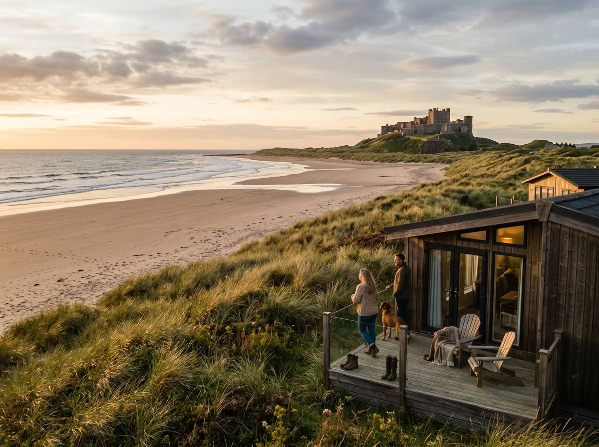 Lodge in the dunes on the Northumberland coast with a castle on the horizon
