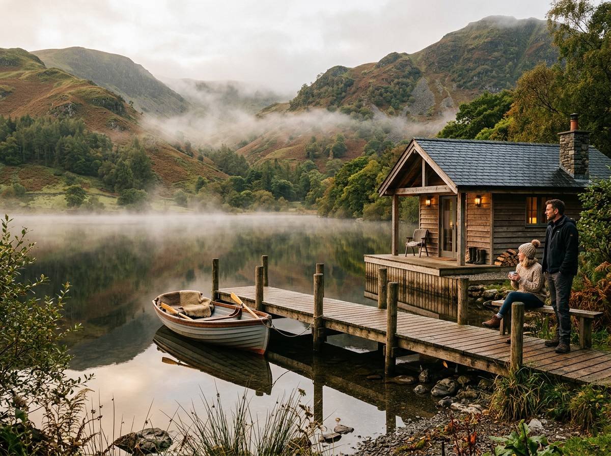 Lakeside lodge with a wooden jetty in the Lake District
