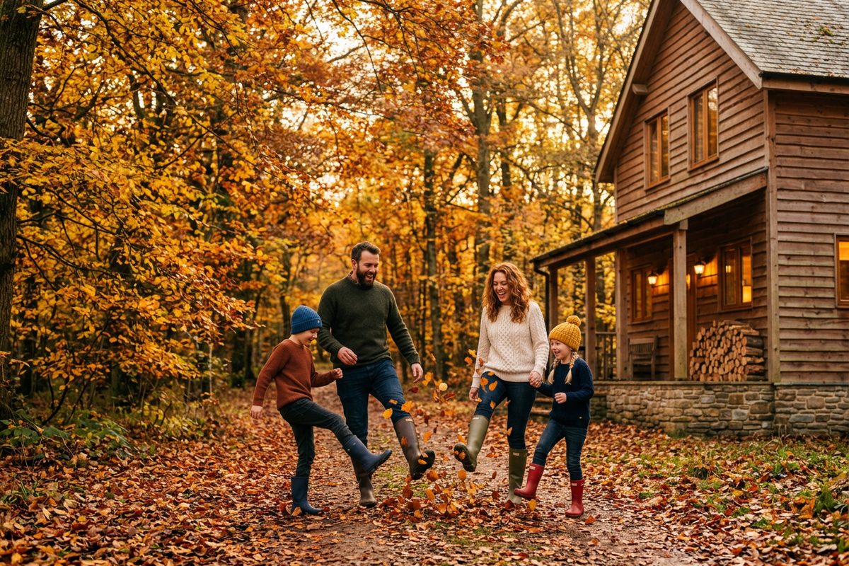 Family kicking up autumn leaves outside a timber holiday lodge in October half term