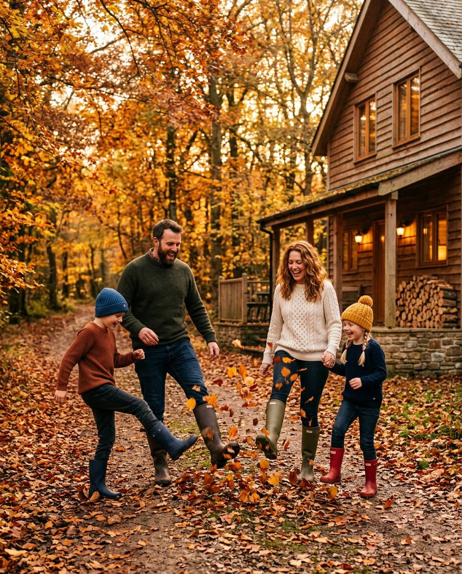 Family kicking up autumn leaves outside a timber holiday lodge in October half term