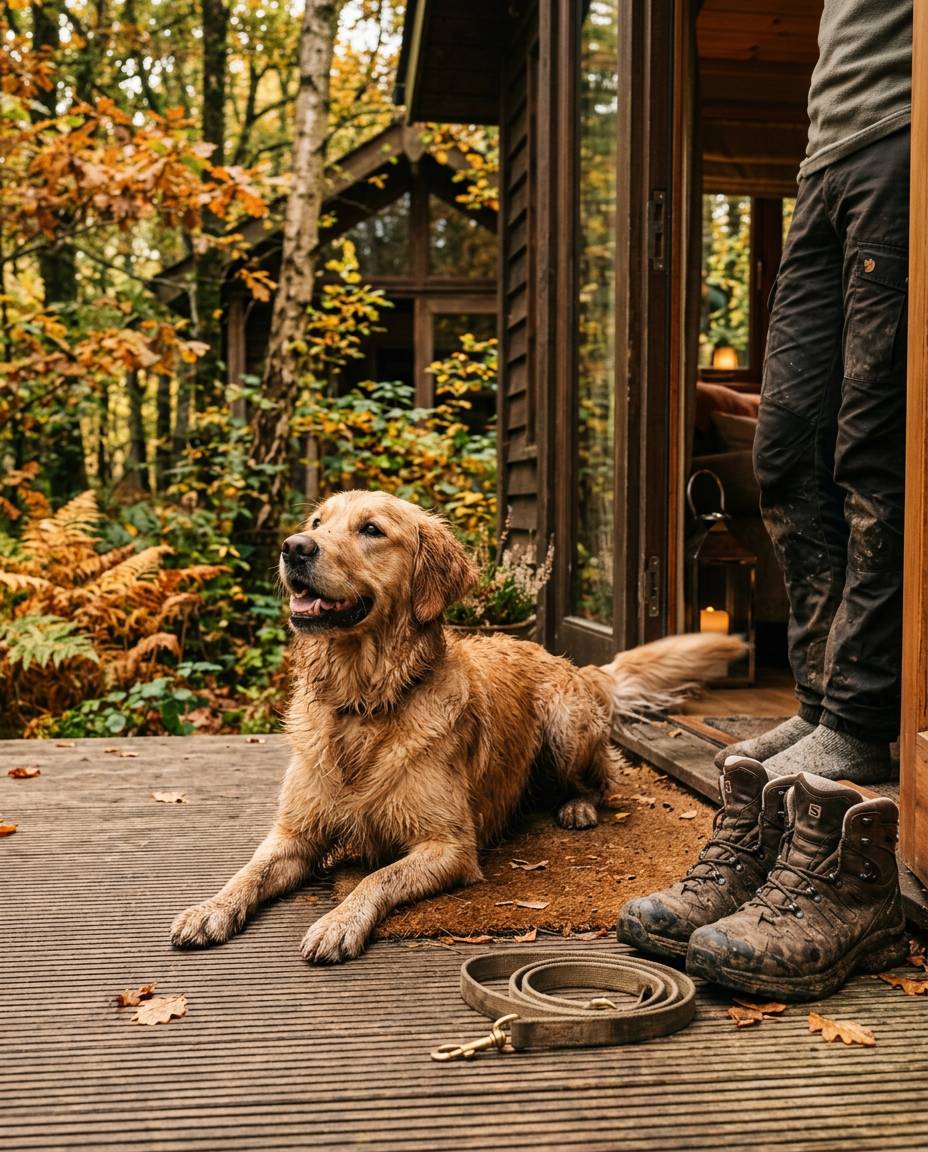 Golden retriever resting on a lodge porch after a muddy walk