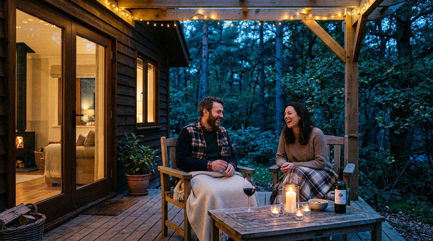 Couple sharing a candlelit evening on a lodge deck under fairy lights