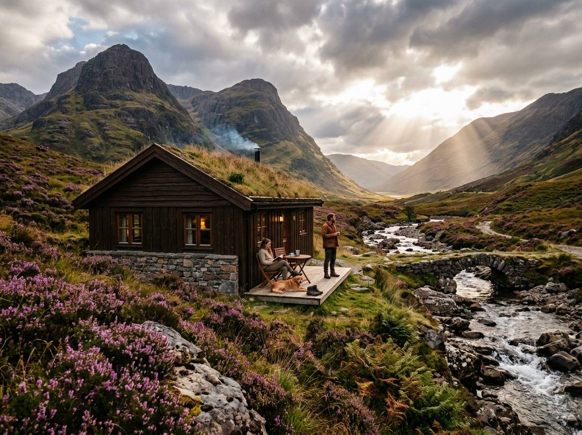 Wooden cabin in a Highland glen with heather and mountains in Scotland