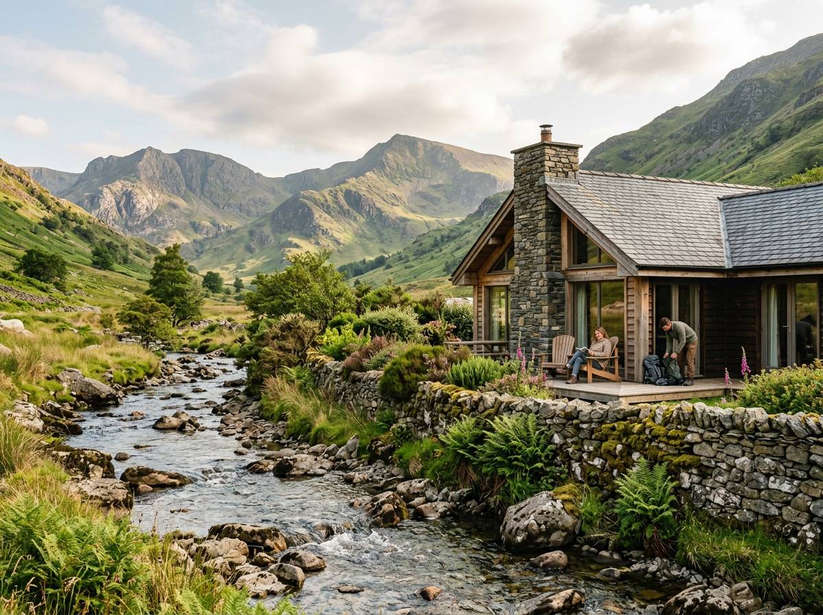 Riverside lodge in a green valley in Snowdonia, Wales