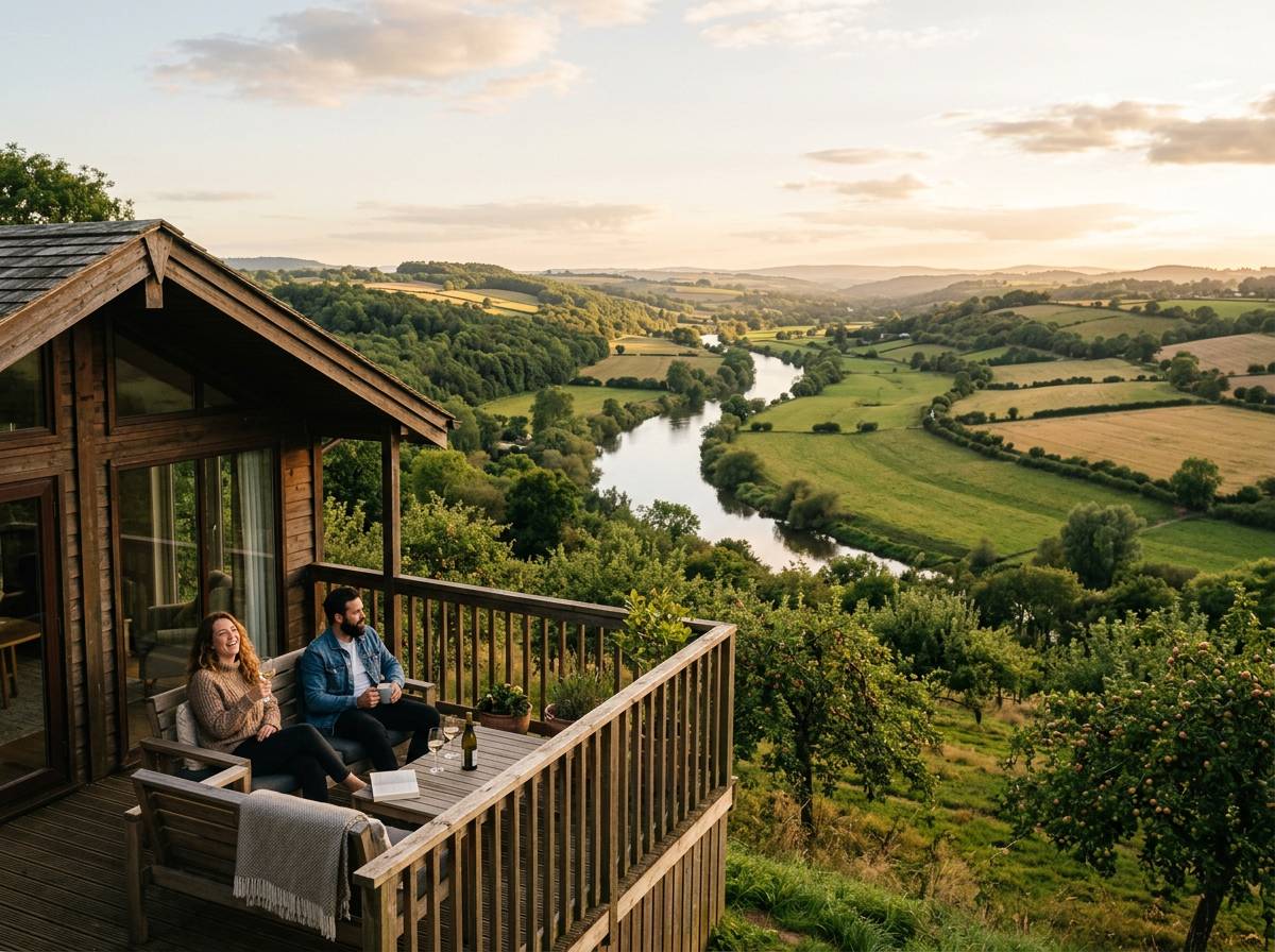 Lodge overlooking a river valley and orchards in the West Midlands