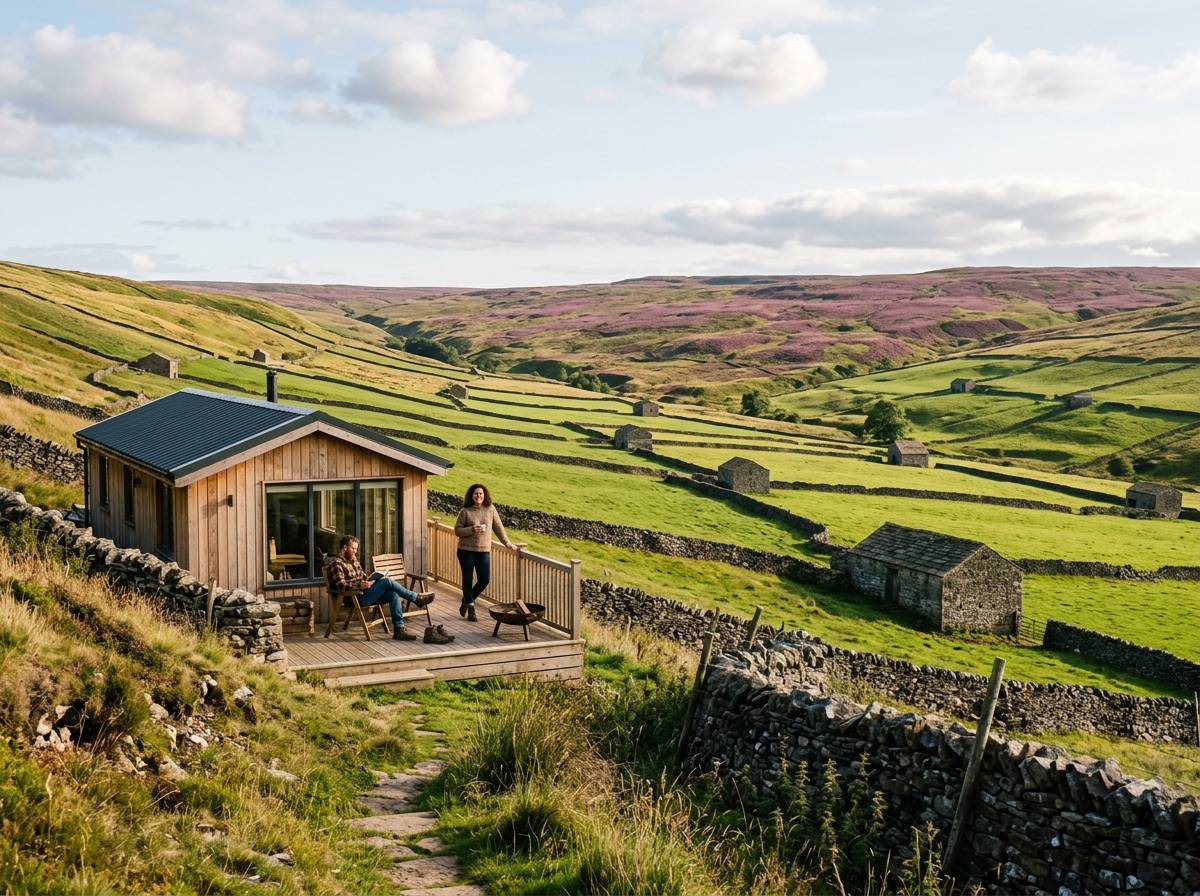 Lodge in the Yorkshire Dales with dry stone walls and field barns